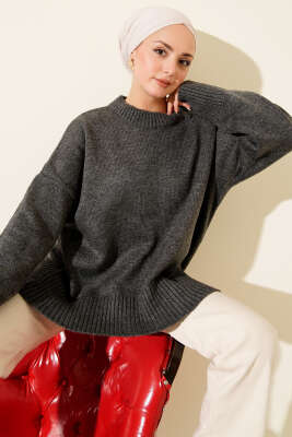 Pazarium - Ribana Görünümlü Triko Tunik Füme