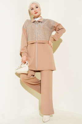 Pazarium - Sim Detaylı Fermuarlı Scuba İkili Takım Latte