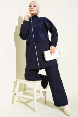 Pazarium - Sim Detaylı Fermuarlı Scuba İkili Takım Lacivert