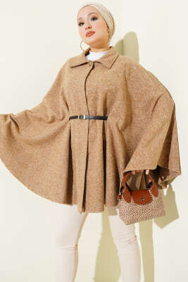 Pazarium - İnce Kemerli Gömlek Yaka Kaşe Panço Latte