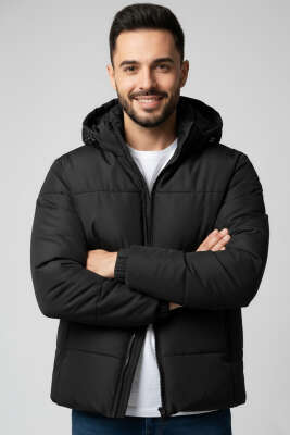 Kapüşonlu Erkek Şişme Mont Siyah - Thumbnail