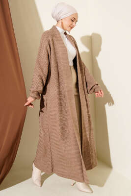 Pazarium - Zigzag Kabartmalı Triko Uzun Hırka Vizon