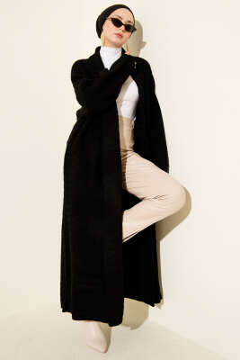 Pazarium - Zigzag Kabartmalı Triko Uzun Hırka Siyah