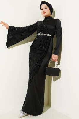 Pazarium - Bel Taşlı Pul Payet Detaylı Abiye Elbise Siyah