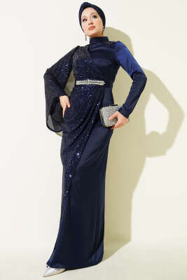 Pazarium - Bel Taşlı Pul Payet Detaylı Abiye Elbise Lacivert