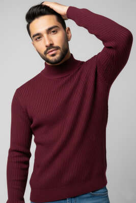 Pazarium - Yarım Balıkçı Örgü Triko Erkek Kazak Bordo