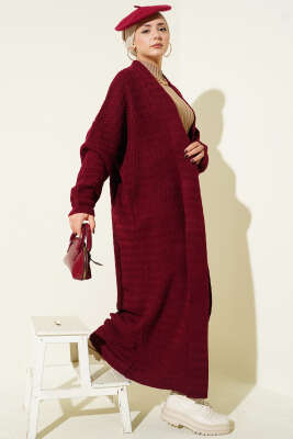 Pazarium - Zigzag Kabartmalı Triko Uzun Hırka Bordo