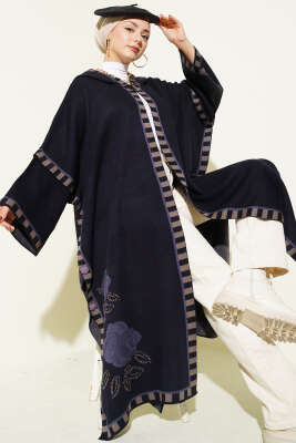 Gül Nakışlı Çizgi Detaylı Panço Lacivert - Thumbnail