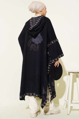 Gül Nakışlı Çizgi Detaylı Panço Lacivert - Thumbnail