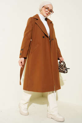 Pazarium - Kol Düğmeli Kuşaklı Kaşe Kaban Taba