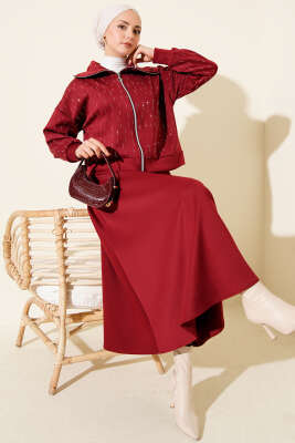 Pazarium - Sıra Taşlı Etekli Scuba İkili Takım Bordo