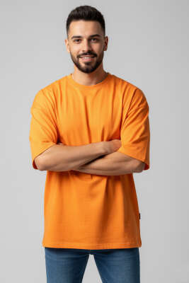 Pazarium - Oversize Basic Erkek Tshirt Oranj