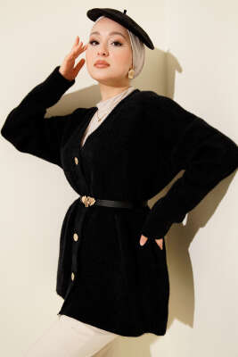 Pazarium - Bel Lastikli Düğmeli Sakallı Triko Hırka Siyah