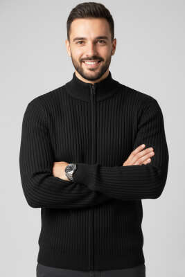 Pazarium - Fermuarlı Dik Yaka Erkek Triko Hırka Siyah