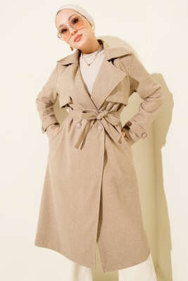 Pazarium - Göğüs Parça Detaylı Kaşe Kaban Vizon