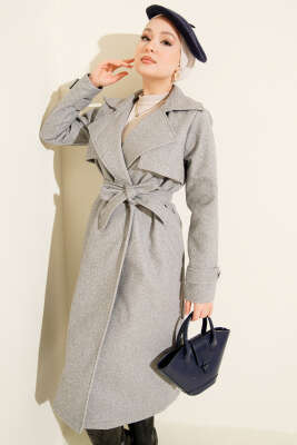 Pazarium - Göğüs Parça Detaylı Kaşe Kaban Gri