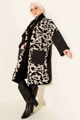 Pazarium - Kapitone Granili Cepli Triko Hırka Siyah