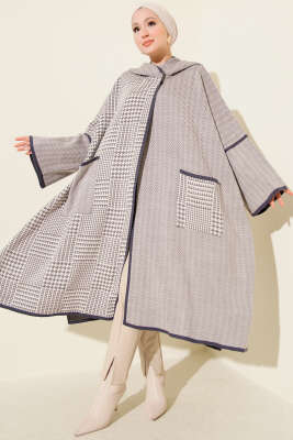 Pazarium - Kazayağı Desen Kapüşonlu Panço Lila