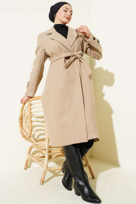 Pazarium - Kol Düğmeli Kuşaklı Kaşe Kaban Vizon