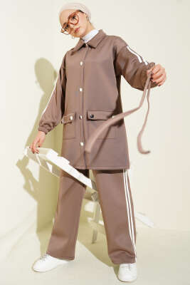 Pazarium - Kol Şeritli Düğmeli Scuba İkili Takım Vizon