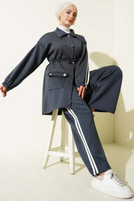 Pazarium - Kol Şeritli Düğmeli Scuba İkili Takım Füme