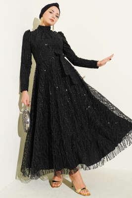 Kuşaklı Simli Pullu Abiye Elbise Siyah - Thumbnail