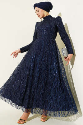 Pazarium - Kuşaklı Simli Pullu Abiye Elbise Lacivert