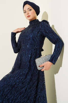 Kuşaklı Simli Pullu Abiye Elbise Lacivert - Thumbnail