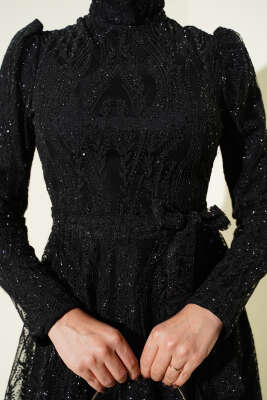 Kuşaklı Simli Pullu Abiye Elbise Siyah - Thumbnail