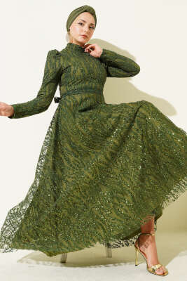 Pazarium - Kuşaklı Simli Pullu Abiye Elbise Haki