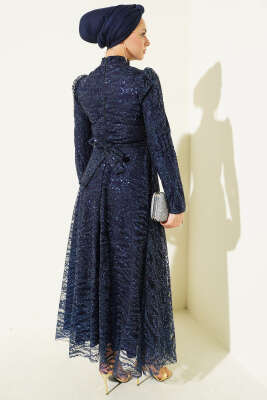 Kuşaklı Simli Pullu Abiye Elbise Lacivert - Thumbnail