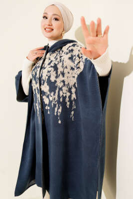 Pazarium - Çıtçıt Düğmeli Kapüşonlu Triko Panço İndigo