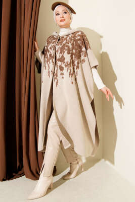 Pazarium - Çıtçıt Düğmeli Kapüşonlu Triko Panço Bej