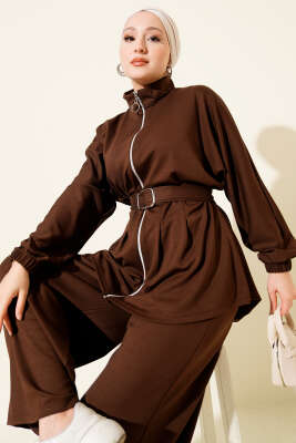 Kemer Tokalı Fermuarlı Loyşa İkili Takım Kahve - Thumbnail