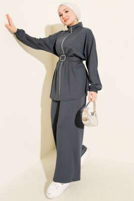 Kemer Tokalı Fermuarlı Loyşa İkili Takım Füme - Thumbnail