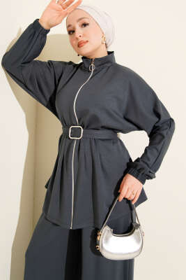 Kemer Tokalı Fermuarlı Loyşa İkili Takım Füme - Thumbnail