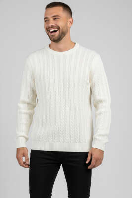 Pazarium - Bisiklet Yaka Yön Desen Erkek Triko Kazak Ekru