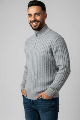 Pazarium - Saç Örgü Detaylı Fermuarlı Triko Kazak Gri