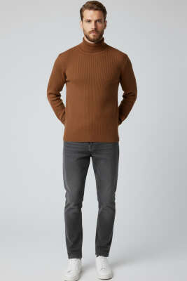 Tam Balıkçı Yaka Triko Erkek Kazak Kahve - Thumbnail