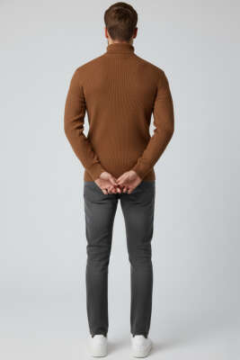 Tam Balıkçı Yaka Triko Erkek Kazak Kahve - Thumbnail