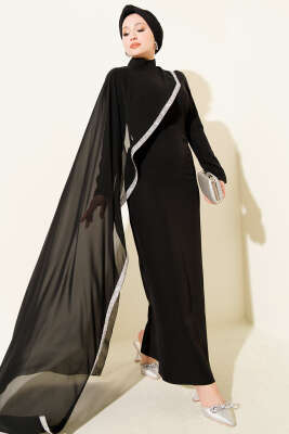 Pazarium - Taş Şeritli Tül Pelerinli Abiye Elbise Siyah