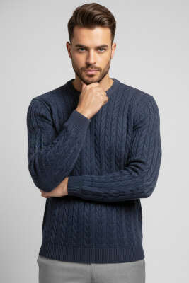 Pazarium - Bisiklet Yaka Yön Desen Erkek Triko Kazak İndigo