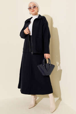 Pazarium - Fermuarlı Cepli Kaşe Etekli İkili Takım Lacivert