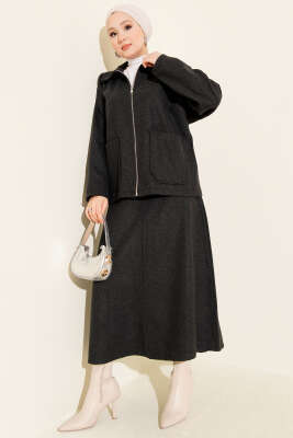 Pazarium - Fermuarlı Cepli Kaşe Etekli İkili Takım Füme