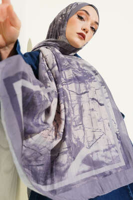 Pazarium - Baskı Desen Bambu Kraş Şal Gri