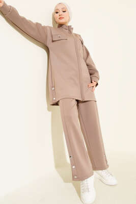 Pazarium - Göğüs Cep Kapaklı Fermuarlı Scuba İkili Takım Vizon