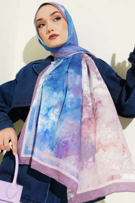 Pazarium - Ebruli Desen Bambu Kraş Şal Lila
