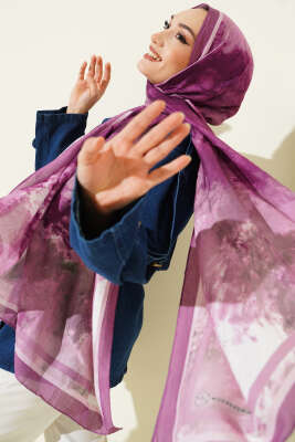 Pazarium - Ebruli Desen Bambu Kraş Şal Gül Kurusu