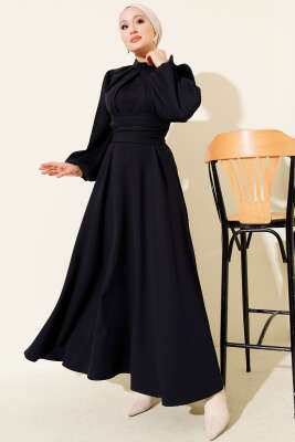 Pazarium - Kolları Piliseli Kuşaklı Abiye Elbise Lacivert