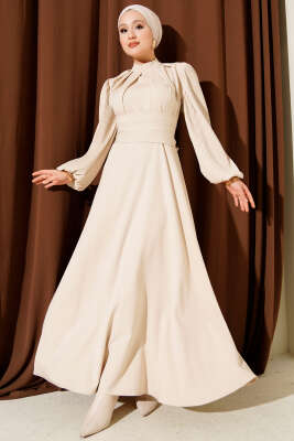 Pazarium - Kolları Piliseli Kuşaklı Abiye Elbise Bej